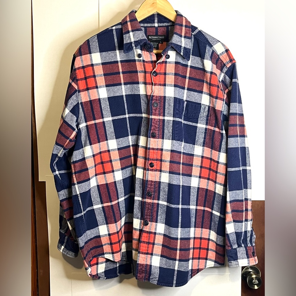 J. Peterman Company Men’s Size L Red, White, & Blue Thick Cotton Flannel Shirt